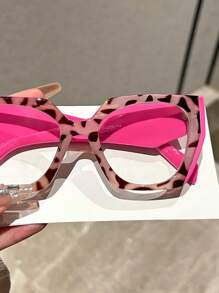 1 par de gafas con lentes transparentes con montura de estampado de leopardo en estilo cat-eye oversize Y2K para mujer, accesorios de gafas minimalistas transparentes de uso diario para mujeres - transparente - Ver 3