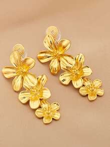 2入組復古金屬花卉長耳夾，高品質時尚女性花卉非穿刺式耳環 - 金黃色 - 查看 7