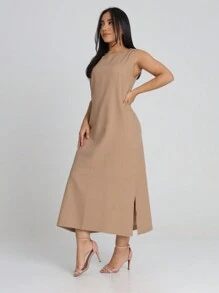 Vestido Linho Liso Feminino Longo Forrado Alça Larga Fenda Lateral Vestido Elegante - Caqui - Visão 4