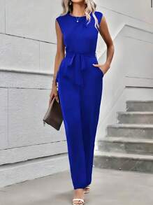 Mono Elegante Para Mujer Con Cintura Alta Y Cinturón Ajustable - Azul - Ver 1