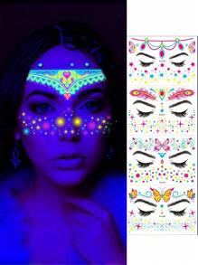 1套-夜光紋身貼紙，夜光防水臉貼紙，霓虹UV反應身體貼紙，假臉部臨時紋身彩妝UV霓虹花卉身體彩繪紋身貼紙，節日酒吧派對裝飾用品（8件裝） - 彩色 - 查看 1