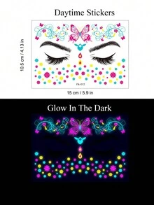 1套-夜光紋身貼紙，夜光防水臉貼紙，霓虹UV反應身體貼紙，假臉部臨時紋身彩妝UV霓虹花卉身體彩繪紋身貼紙，節日酒吧派對裝飾用品（8件裝） - 彩色 - 查看 7