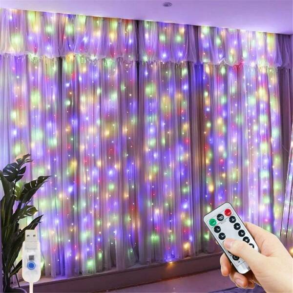 Luci a tendina LED a 8 modalità, con telecomando USB, ideali per decorare camera da letto, Natale, Ognissanti, casa, feste, matrimoni, compleanni, esterni, patio, Natale