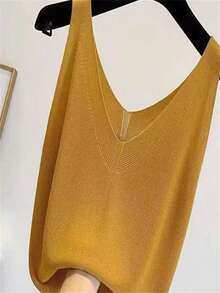 Women Plain Minimalist Knitted Vest - Yellow - View 6