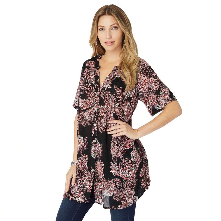 Roaman's Women's Plus Size Angelina Tunic Top – Short Sleeve, Flowy Fit, Everyday Comfort - 黑色佩斯利 - 查看 1