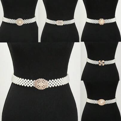 1pc Women's Elastic Waist Belt With Pearl & Rhinestone Decor, Versatile Waist Chain Suitable For Dresses, Fashionable Elegant Minimalist Korean Style For Daily Wear