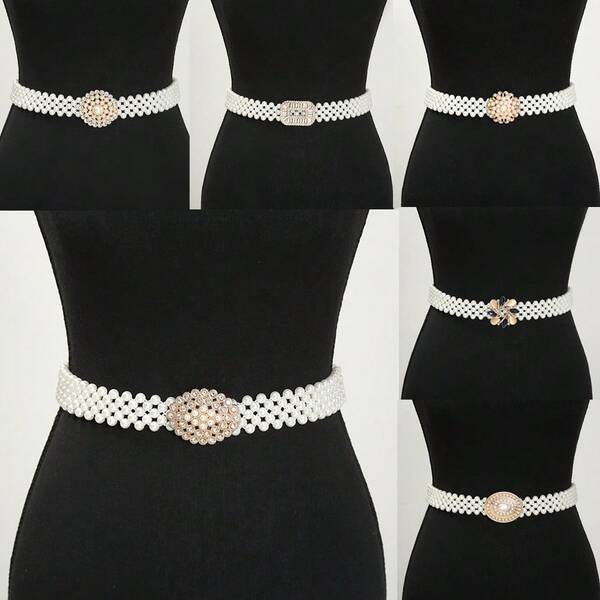 1条女士弹力腰带，饰有珍珠和水钻，百搭腰链，适合搭配连衣裙，时尚优雅的简约韩式风格，日常穿着。