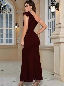 Vestido De Un Hombro Con Fruncido De Muslo Con Abertura Para Mujer - Rojo violeta - Ver 4