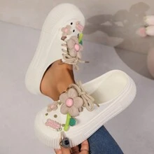 Dép xỏ ngón hở mũi thoáng khí cho nữ, dép xỏ ngón mùa hè trang trí hoa 3D, dép xỏ ngón đi trong nhà/bãi biển ngày lễ tình nhân - trắng - Xem 3