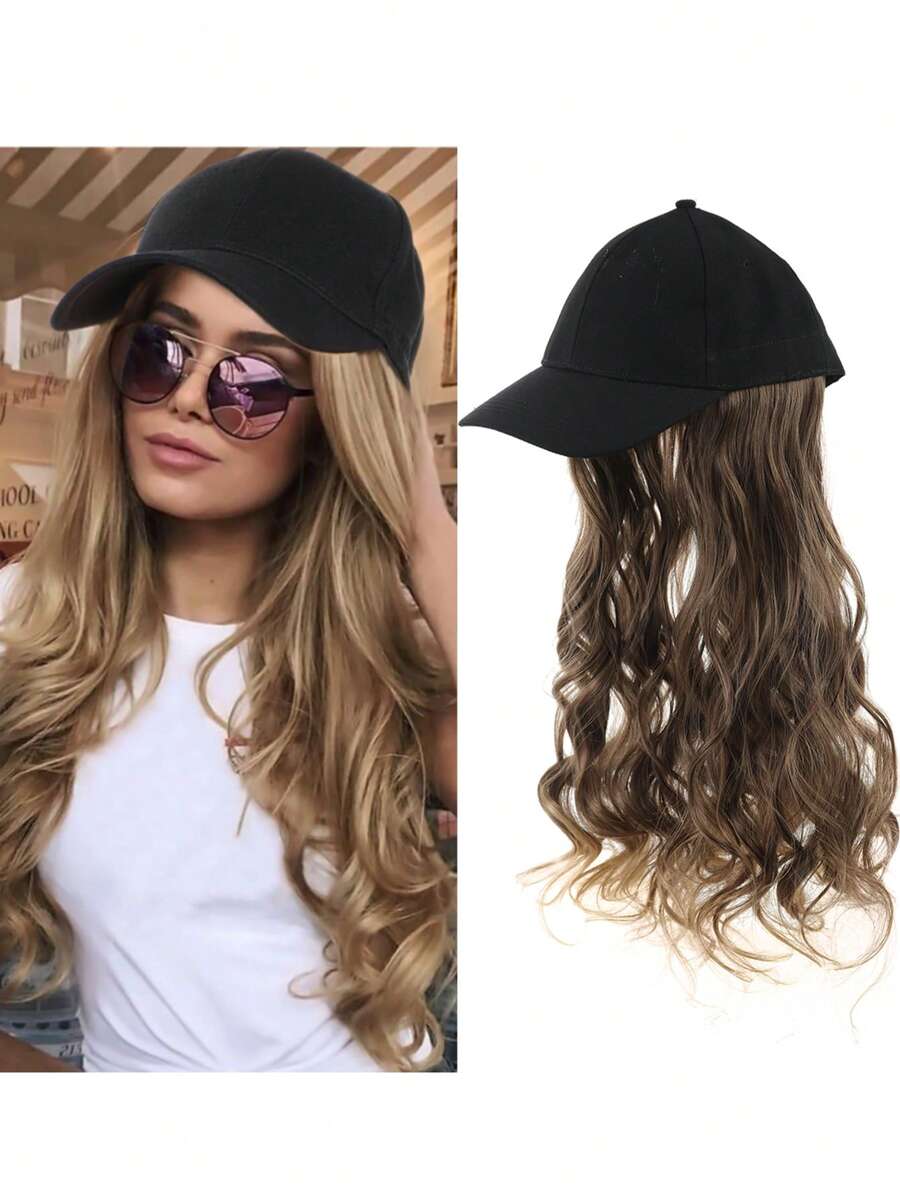 20英寸女士帽式假髮，波浪棒球帽假髮與鬈曲合成纖維髮延長，可調節式棒球帽假髮 - 銅色 - 查看 1