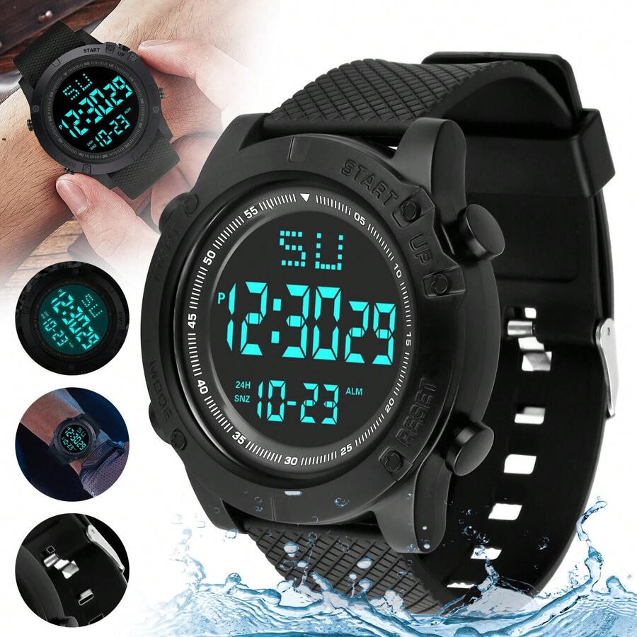 Dazone Men's Waterproof Digital Sports Watch Military Tactical LED Backlight Wristwatch 12/ 24H Mode Stopwatch Timer Date Gym Wristwatch - màu đen - Xem 1