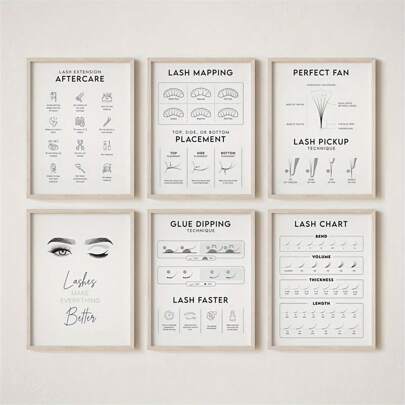 6pcs/Set Finished Framed, Canvas Poster, Eyelash Extension Chart Eyelash Guide Eyelash Extension Poster, Eyelash Room Decor, For Kitchen Dining Room Decor, Home Bedroom Wall Decor, Gift Artwork,Wall Art Gifts Birthday Graduation