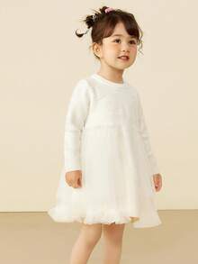 mini bala 寶寶女孩小巴拉女孩裙裝，秋季嬰兒柔軟針織紗蕾絲公主裙，兒童洋裝 - 白色 - 查看 3