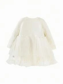 mini bala 寶寶女孩小巴拉女孩裙裝，秋季嬰兒柔軟針織紗蕾絲公主裙，兒童洋裝 - 白色 - 查看 5