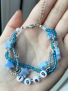 1入組甜美時尚金屬和亞克力多色星星和心形串珠手鍊，可刻字，適合送給女孩的生日或派對禮物 - 彩色 - 查看 5