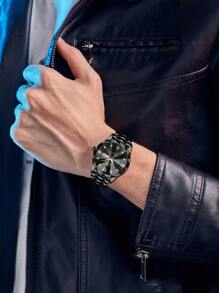 VA VA VOOM 男士时尚奢华风水水钻石英表，带双日历机芯，不锈钢和金色铆钉设计，蓝色表盘和夜灯，休闲和商务风格，可作为返校学生的礼物