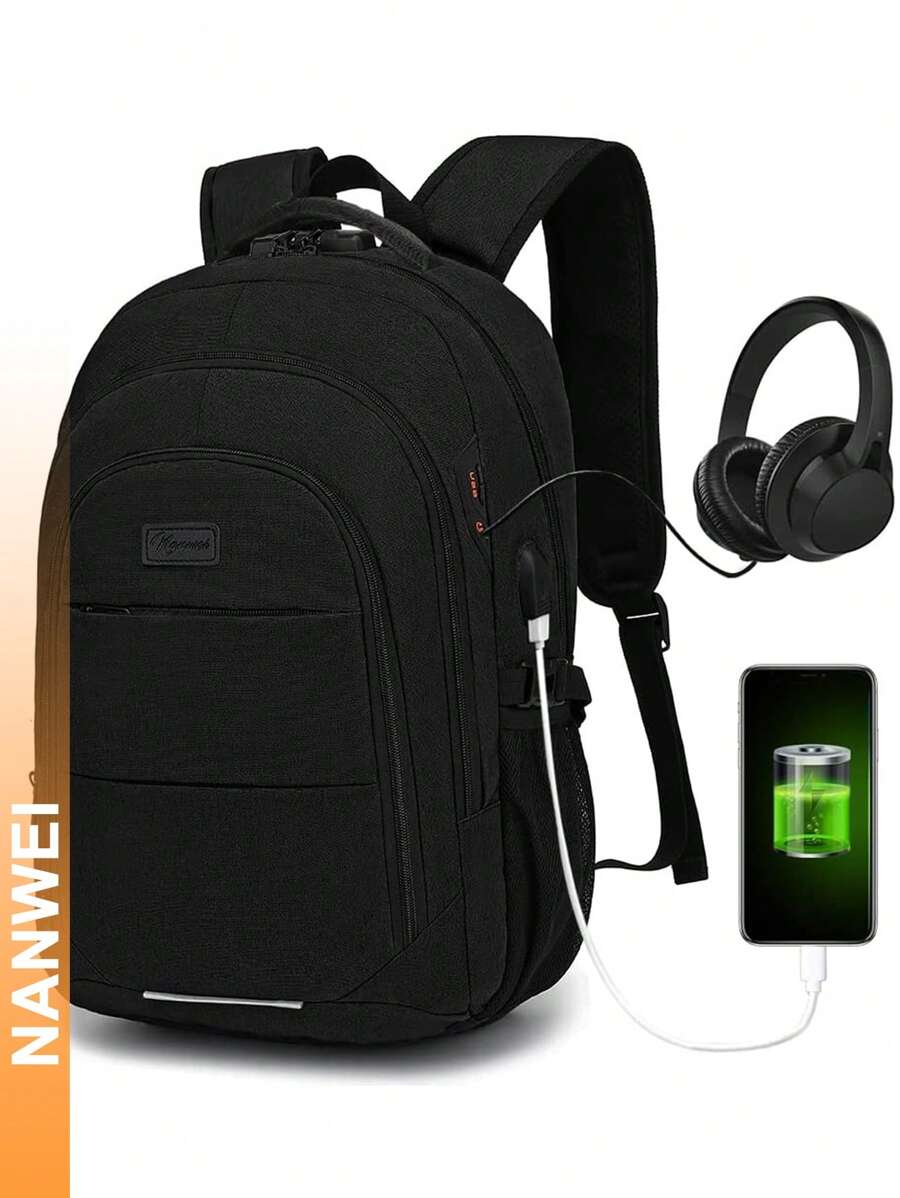Mochila Para Ordenador de Gran Capacidad con Puerto USB y Antirobo Bloqueo Combinado,  Unisex Impermeable Mochila de Negocios, Mochila Antirrobo para Hombre, Mochilas Juveniles, Bolso para Computadora, Bolsa de Viaje, Regalos de Halloween y Navidad para Hombres - Negro - Ver 1