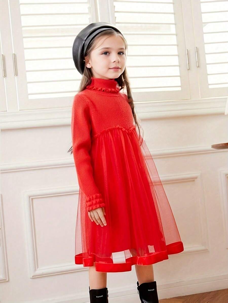Annil 儿童连衣裙秋冬纯色百搭长袖蓬松网眼女童连衣裙红色 - 紅色 - 查看 1