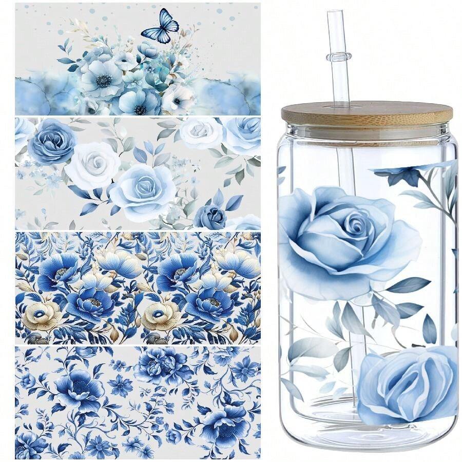 5 Sheets Flower UV DTF Cup Stickers, Glass Sports DTF Transfer Stickers, Flower Waterproof Friction Transfer Paper For 16 Oz Glass, Mugs, Crafts, Furniture - Tờ Style2-5 - Xem 1