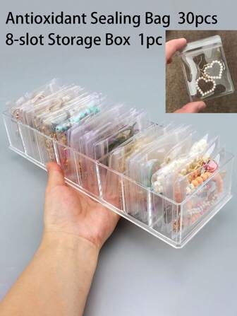 1 个亚克力珠宝展示盒 + 30 个 PVC 透明可重复密封珠宝袋、珠宝收纳袋、小珠宝透明袋（用于纪念品、小配饰、耳环）、防锈、防氧化、PVC 拉链袋（用于戒指、耳环和小配饰）、小巧便捷的珠宝收纳袋、配饰派对礼品袋、情人节阳光旅行酷炫返校