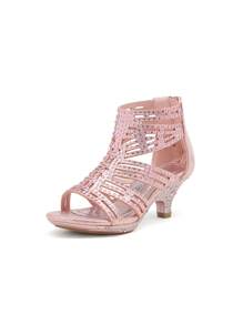 Girls Low Heel Dress Pump Sandals With Diamond Party Wedding Fashion Sandals For Toddler/Little Kid/Big Kid - 粉色 - 查看 3