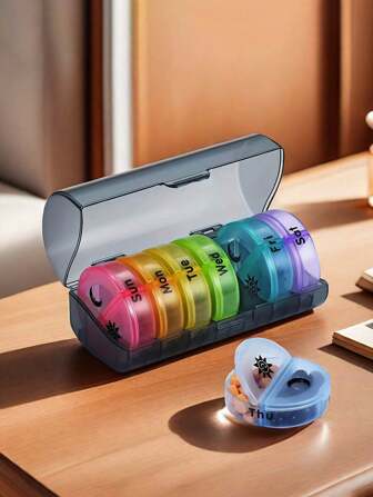 圓形迷你旅行防潮14網格藥盒，便攜式、可拆卸、防塵，一週七天藥盒，包裝盒