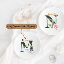 給她的最佳伴娘禮物，個性化訂製生日花紋陶瓷珠寶盤，婚戒盤，為朋友的生日禮物，婚訂禮物提供選擇 - 白色 - 查看 1