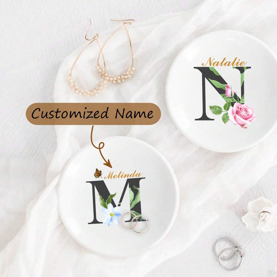 給她的最佳伴娘禮物，個性化訂製生日花紋陶瓷珠寶盤，婚戒盤，為朋友的生日禮物，婚訂禮物提供選擇 - 白色 - 查看 1