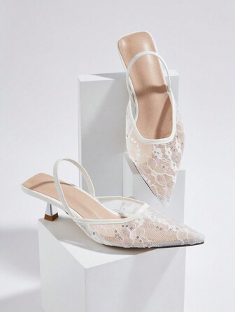 Women's Solid Color Lace Mesh Cutout Kitten Heels, Elegant Pointed-Toe Pumps, Fashionable Ankle Strap High Heels, Formal Mules Shoes For Parties And Weddings