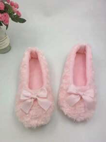 Women Tie-Dye Rose Embossed Rabbit Fur Bowknot Ballerina Slippers, Soft Bottom Indoor House Slippers