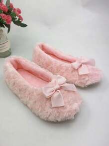 Women Tie-Dye Rose Embossed Rabbit Fur Bowknot Ballerina Slippers, Soft Bottom Indoor House Slippers