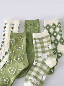 1/5 Pairs Women Ditsy Floral Argyle Pattern Jacquard Heart Textured Mid-Calf Socks, Sweet & Versatile For Daily Wear (Random Style Out Of 5 Pairs)