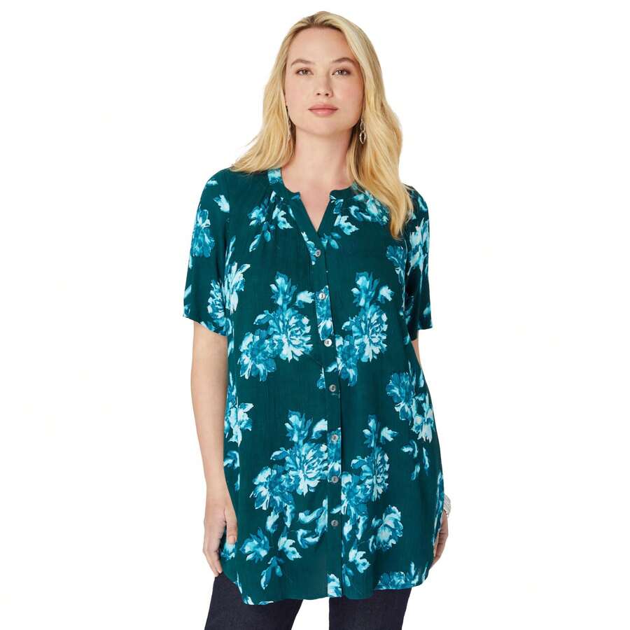 Roaman's Women's Plus Size Short-Sleeve Angelina Tunic - 翡翠青色花香 - 查看 1