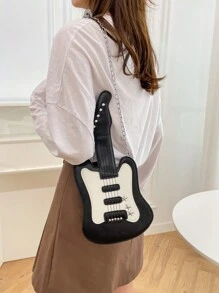 Y2K街頭風格吉他形PU女士斜挎包，新穎包款，時尚多功能女式鏈帶肩背包 - 黑與白 - 查看 6