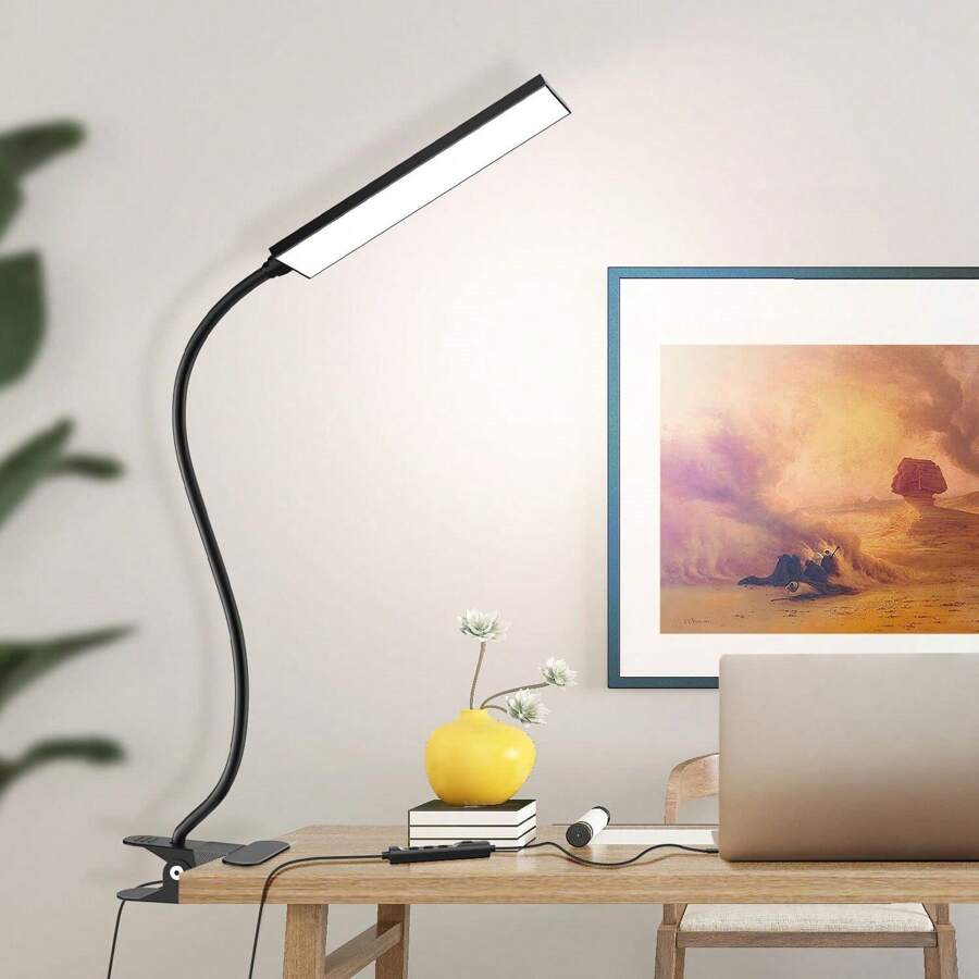 LED Table Lamp With Eye Care LED Light And Metal Clip,11 Level Brightness,3 Color Modes,USB Port Powered 5W Flexible Gooseneck Reading Light, Suitable For Home And Office (5W, Black And White) - LAM10B-Đen-US - Xem 1