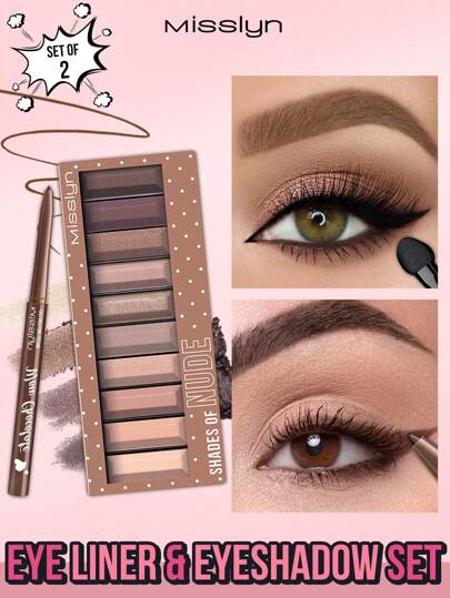 Misslyn Eyeshadow & Eyeliner Set, Waterproof, Volumizing, Buildable, Creates Full, Voluminous-Looking Brows, , Pigmented Matte & Shimmer Shades, Long Lasting, Blendable Powder, Natural Colors, Rich Colors With Velvety Texture, Eyeshadow Palette Includes Applicator, Valentine's Day Gifts,Vegan,Cruelty Free