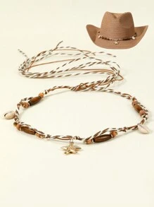 1 件男女通用珠饰染色宽边印花女牛仔帽夏季旅行遮阳西式牛仔帽镂空透气带串珠装饰带手工编织沙滩帽太阳帽草帽万圣节 - 多色4 - 查看 16