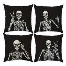 MEMNUN 4 件 17.7*17.7 英寸(45*45厘米)/19.69*19.69 英寸(50*50厘米)/15.75*15.75 英寸(40*40厘米) 骷髅手势抱枕套 [单面印花] [无枕芯]，采用桃色天鹅绒面料制成，适合万圣节氛围、家居装饰、表达爱意、礼物、派对、卧室、客厅、沙发、艺术、奢华