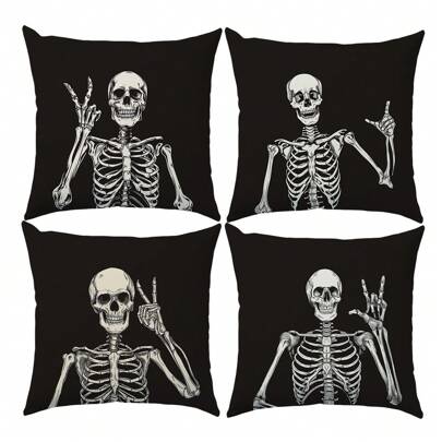 MEMNUN 4 件 17.7*17.7 英寸(45*45厘米)/19.69*19.69 英寸(50*50厘米)/15.75*15.75 英寸(40*40厘米) 骷髅手势抱枕套 [单面印花] [无枕芯]，采用桃色天鹅绒面料制成，适合万圣节氛围、家居装饰、表达爱意、礼物、派对、卧室、客厅、沙发、艺术、奢华