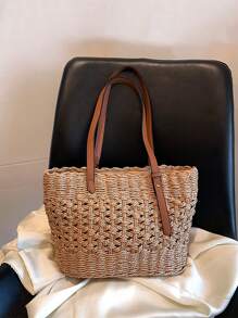 Bohemia Mode Korb Reisetasche Shopper Tasche Lässig Rattan große Kapazität Einkaufstasche Designer Korb gewebte Frauenhandtaschen Sommer Strand Stroh Tasche Lady Reise großer Korb - Khaki - Übersicht 2