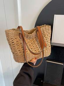 Bohemia Mode Korb Reisetasche Shopper Tasche Lässig Rattan große Kapazität Einkaufstasche Designer Korb gewebte Frauenhandtaschen Sommer Strand Stroh Tasche Lady Reise großer Korb - Khaki - Übersicht 3