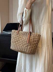 Bohemia Mode Korb Reisetasche Shopper Tasche Lässig Rattan große Kapazität Einkaufstasche Designer Korb gewebte Frauenhandtaschen Sommer Strand Stroh Tasche Lady Reise großer Korb - Khaki - Übersicht 9