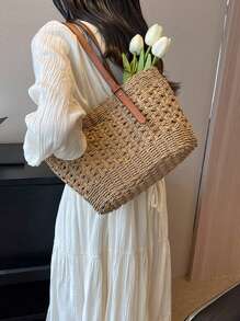 Bohemia Mode Korb Reisetasche Shopper Tasche Lässig Rattan große Kapazität Einkaufstasche Designer Korb gewebte Frauenhandtaschen Sommer Strand Stroh Tasche Lady Reise großer Korb - Khaki - Übersicht 8