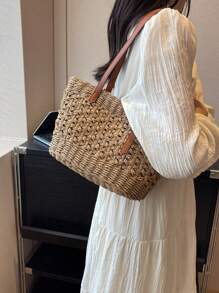 Bohemia Mode Korb Reisetasche Shopper Tasche Lässig Rattan große Kapazität Einkaufstasche Designer Korb gewebte Frauenhandtaschen Sommer Strand Stroh Tasche Lady Reise großer Korb - Khaki - Übersicht 7