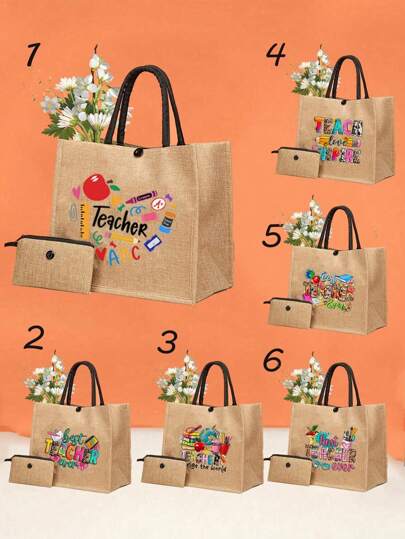 2件套教師手提袋套裝，可重複使用的手提袋輕質手提包，配有小錢包可用於購物，教師節禮物女士亞麻高容量教師節禮物袋，教師圖形數字印花手提袋套裝，回學校旅行理想禮物，感謝禮物，讚賞禮物，帶有獨特的花押字母印花設計，可重複使用，教師袋，度假購物袋，母親理想新娘禮物