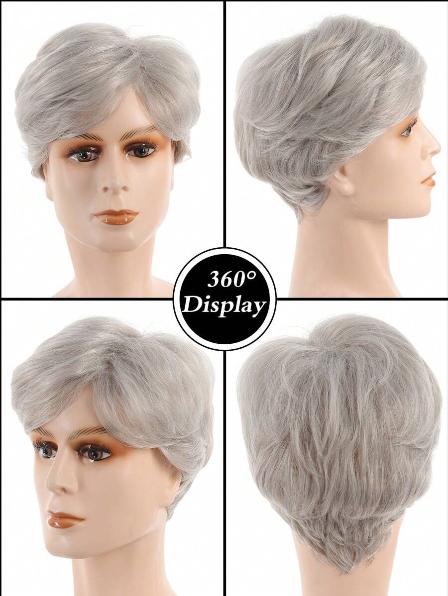 4 Inch Mens Short Grey Wig Natural Layered Wigs With Side Bangs