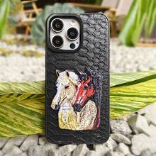 帶有動物圖案蛇圖案的3D刺繡馬手機殼,兼容iPhone 11 13 15 Pro Max的皮革手機套 - 彩色 - 查看 25