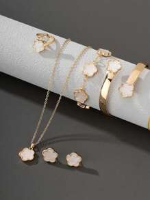 6 件套幸运四叶草首饰套装 - 包括手链、项链、耳环、戒指、手镯 - 复古度假风格金色女士配饰