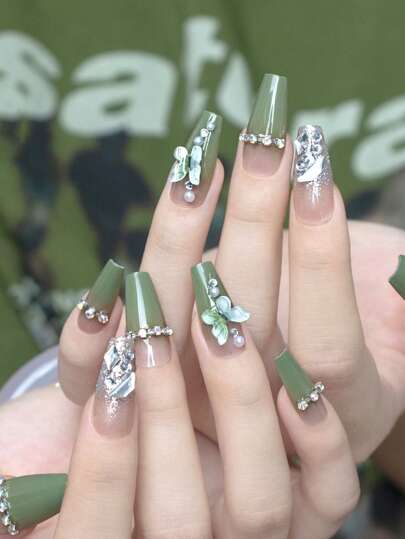 26Pcs Coffin Shaped False Nails With 1Pc Nail File Stick And 1Pc Jelly Glue Press On Nails Nail Supplies Nails