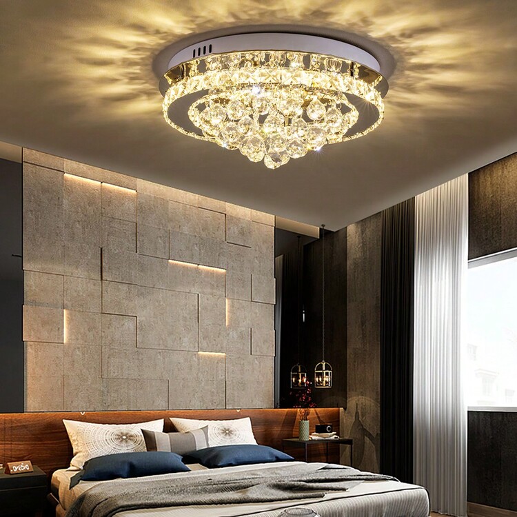 Living And Home Crystal Round Crystal-Droplets LED Semi Flush Mount Ceiling Light, Crystal Ceiling Lamp, Decorative Ceiling Light, Ceiling Light Fixture, Modern Lighting Fixture - Điều chỉnh độ sáng vô cấp 40 cm x 40 cm D x20 cm - Xem 1